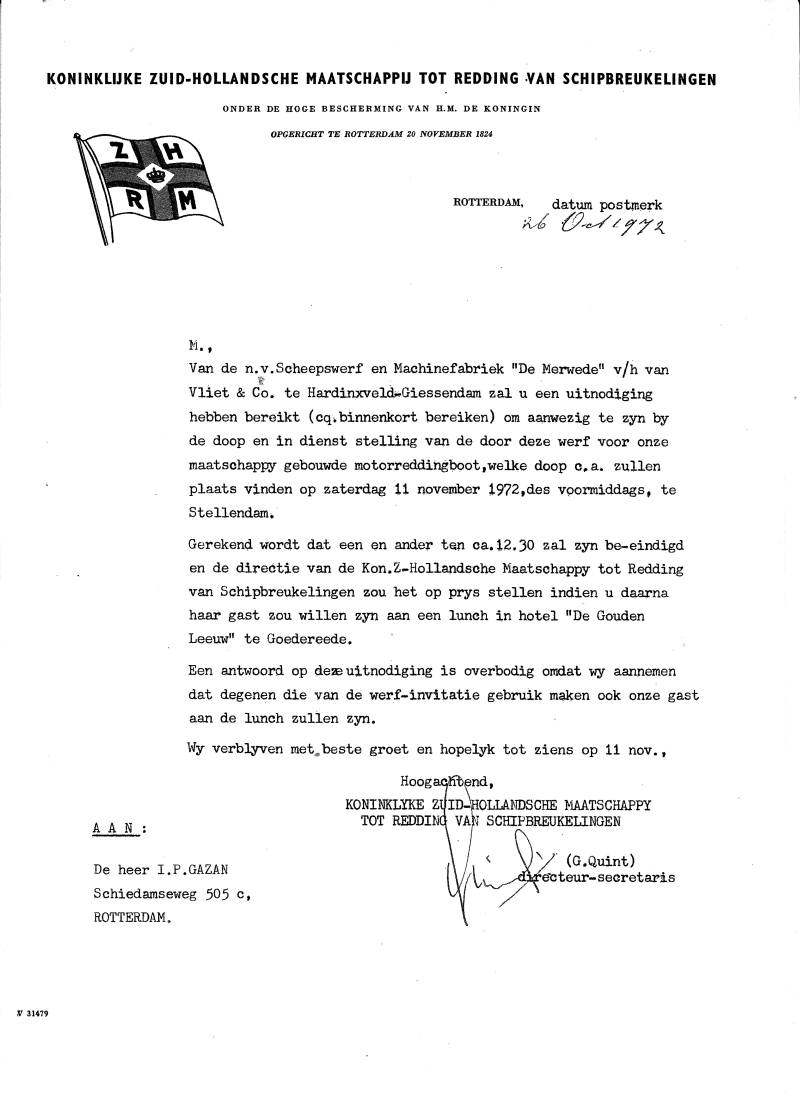 Uitnodiging doop en indienststelling van ‘De Zeemanspot’ kopie van de uitnodigingsbrief